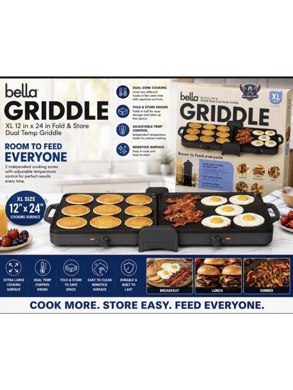 Bella XL 12x24 Fold & Store Dual Temp Electric Griddle Nonstick XL Series